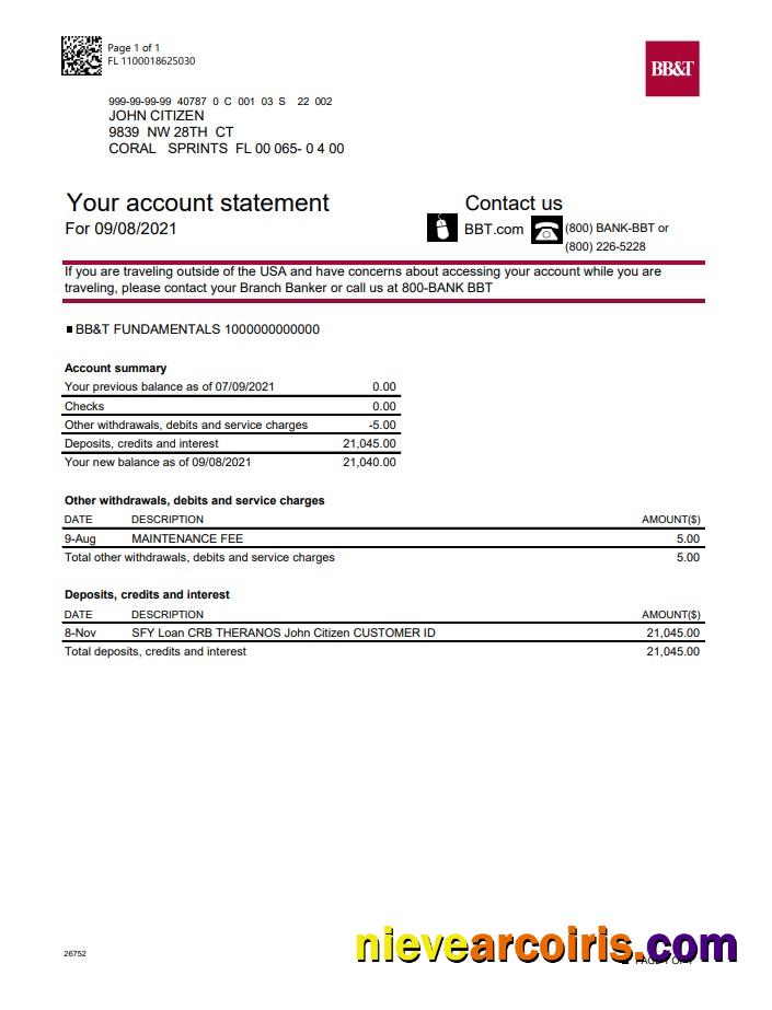 USA North Carolina BB&T Corp. bank account statement in Word and PDF format
